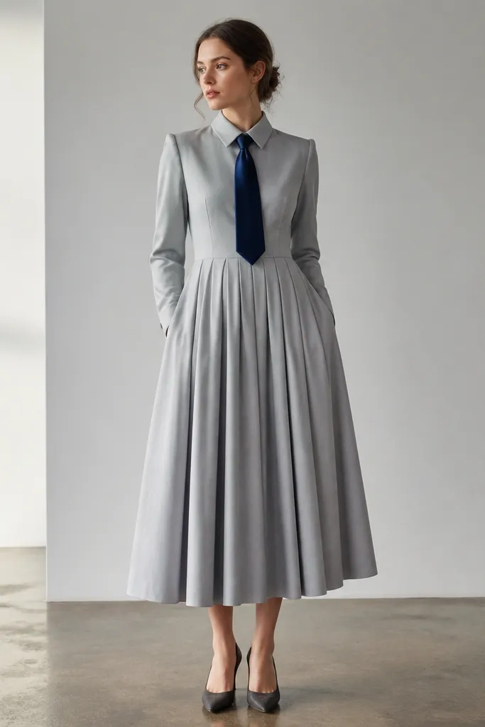 A light gray pleated formal dress with long sleeves and a tailored bodice. The pleats start at or just below the waist. A navy silk tie with a subtle sheen is tied at the center, and the outfit is styled with gray dress shoes.