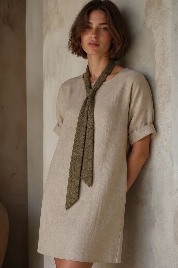 A tan linen-blend shift dress with short sleeves or rolled long sleeves, a simple neckline, and a straight fit that falls cleanly. The texture is visible like natural linen. An olive woven tie with a slightly rough texture sits centered.