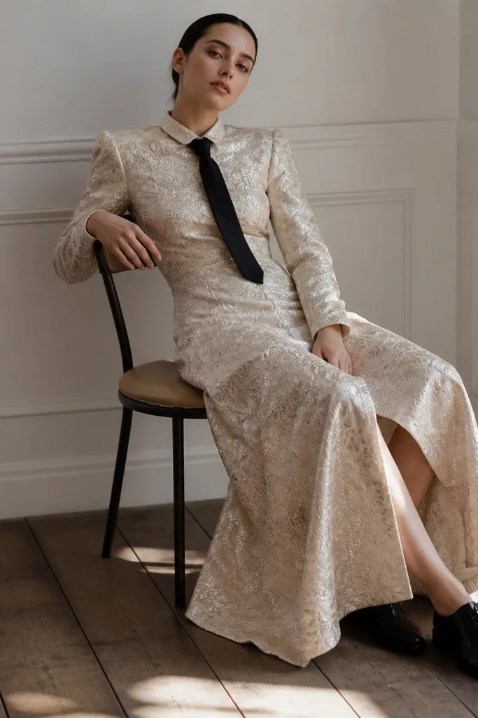 A cream brocade formal dress with visible raised patterning, long sleeves, and a fitted waist. The fabric has a structured feel and catches light in small spots. A black silk tie with a smooth surface is knotted at the center, paired with black dress shoes.