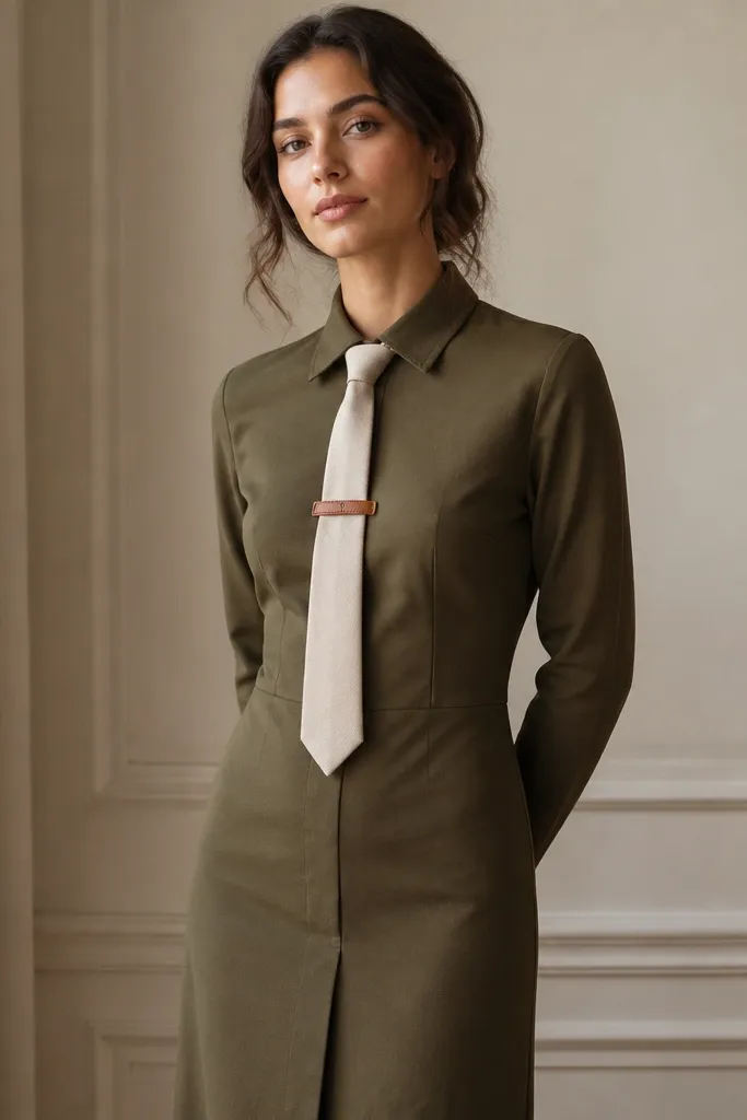 An olive twill dress with a structured front and a clean neckline, long sleeves, and a straight tailored fall. The fabric looks like cotton twill with a matte finish. A tan leather tie clip holds a tan or cream tie, and the tie knot sits centered.