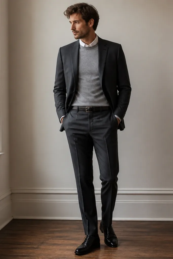 A charcoal two-piece suit with a white button-down collar peeking out. Under the shirt, a heather-gray merino crew neck sits snug at the chest. The tie is optional, and the photo shows dark leather Oxford shoes and a simple black belt.