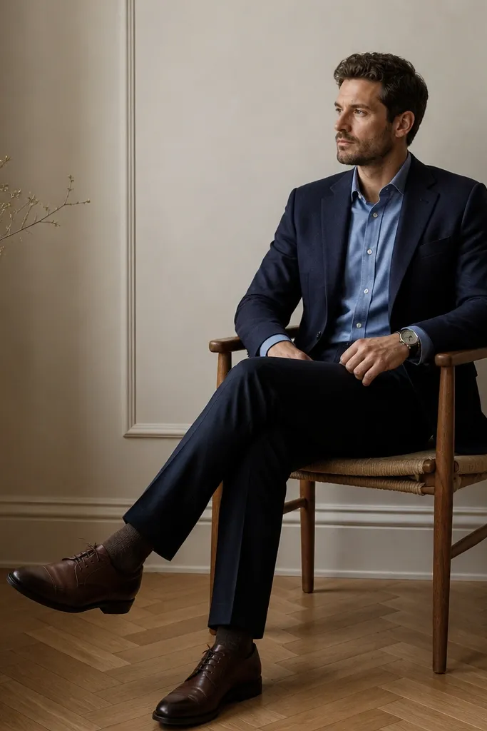 A deep navy blazer with subtle texture paired with flat-front dark navy wool trousers. A chambray blue button-down peeks out with the sleeves down. The shoes are brown leather derbies, and there's a simple watch visible.