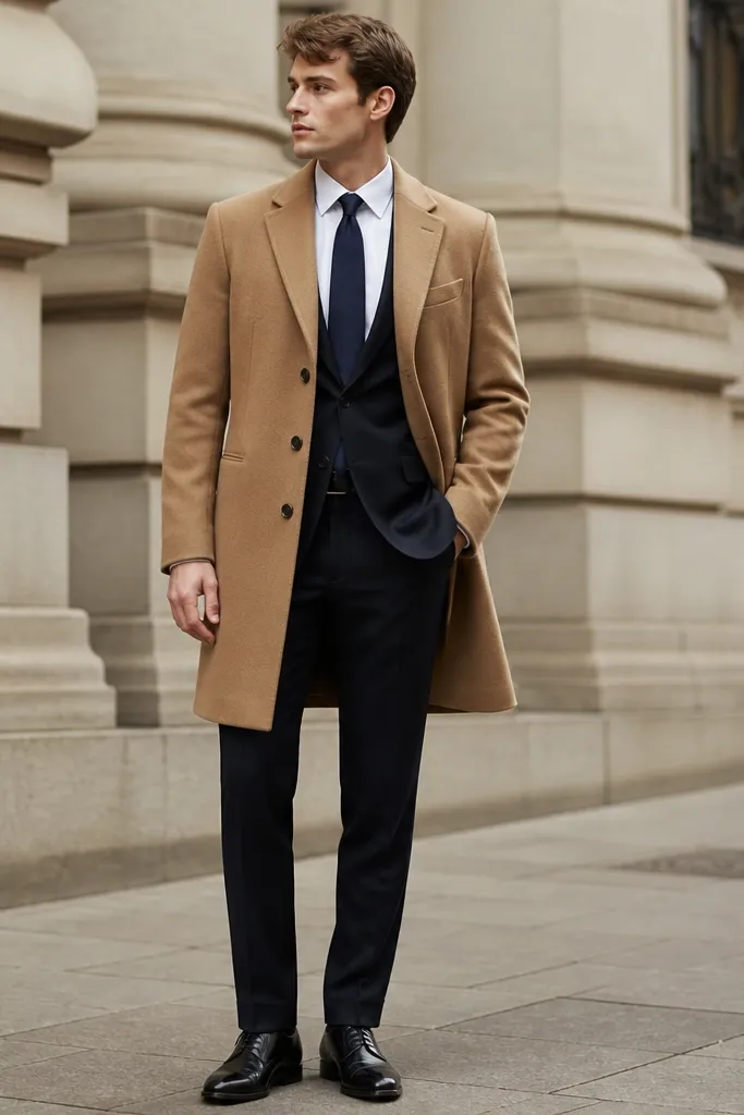 A camel overcoat worn over a dark suit. The tie is navy, and the shirt is white. The photo shows the coat's lapels and a clean belt line with polished black shoes.