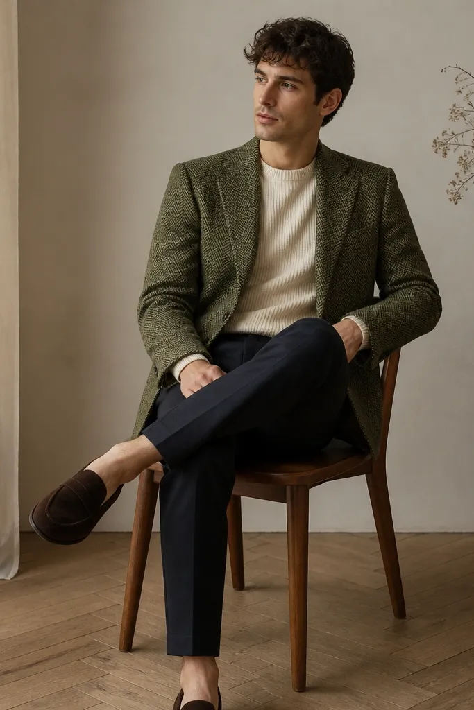 A green herringbone blazer with a textured weave, paired with dark trousers. Under it is a cream crew knit. The shoes are dark brown suede loafers.