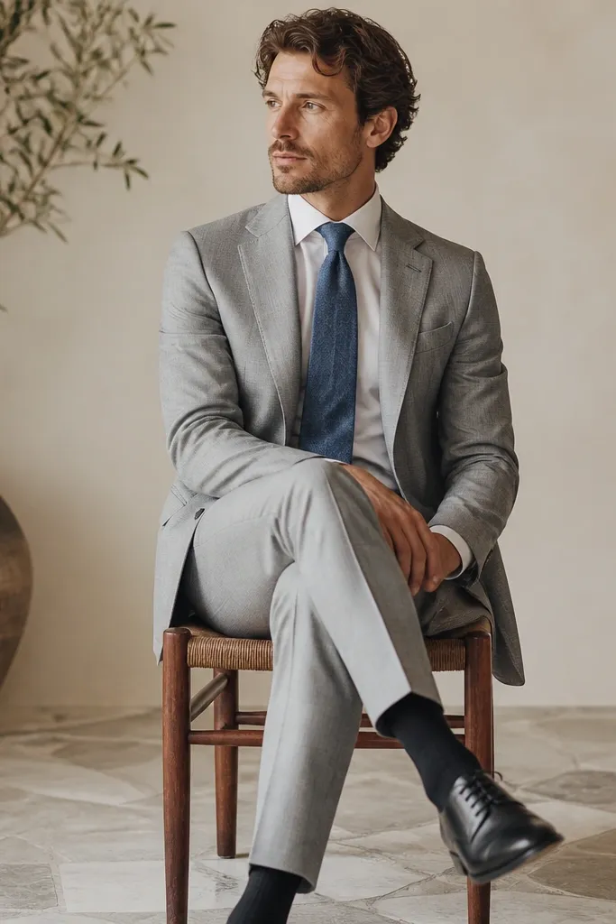 A light gray suit with a white shirt and a blue chambray-style tie. The tie knot looks neat and slightly textured. The shoes are black leather oxfords.
