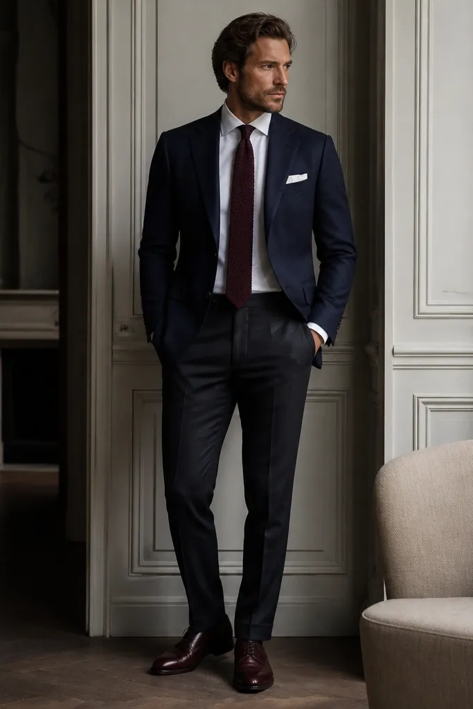 A midnight blue blazer with a clean pocket square. A white dress shirt is visible, and a burgundy knit tie sits neatly. Trousers are dark charcoal or deep navy, and the shoes are burgundy-brown leather.