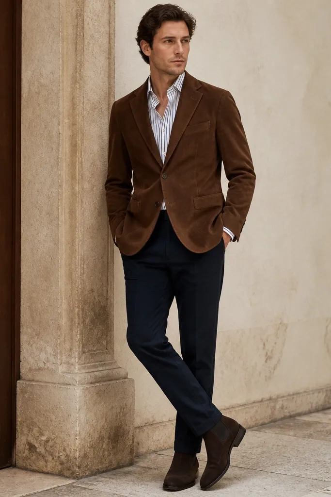 A brown suede blazer with two buttons, worn over a white-and-navy striped oxford shirt. Navy trousers and dark brown suede boots complete the look.