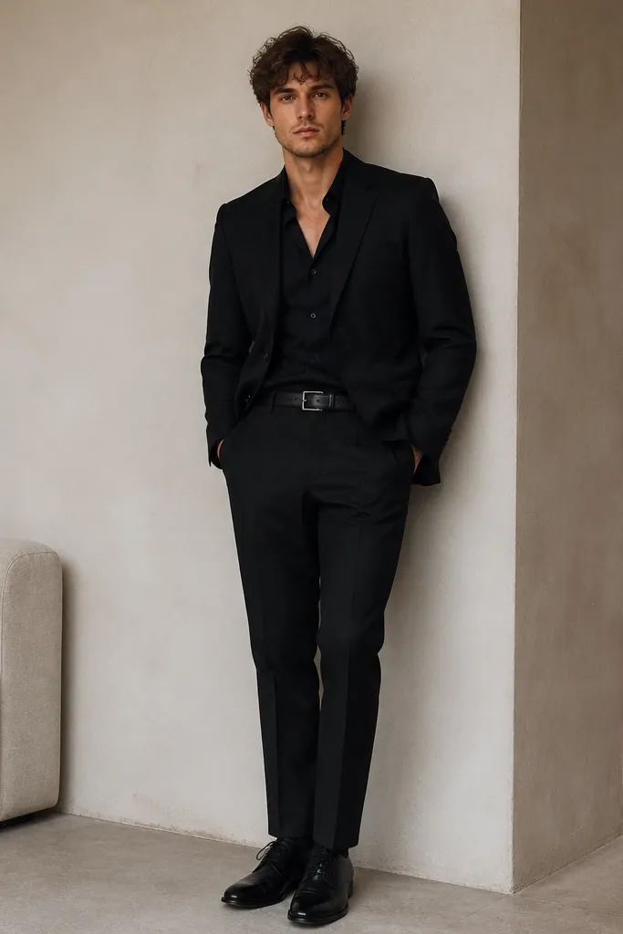A black suit with a black leather belt visible at the waist. The shirt collar is open (no tie), and the fabric looks matte. The shoes are black leather with a slight shine.