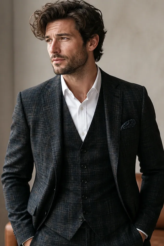 A checked blazer in dark tones with a matching vest layered underneath. A white button-down sits underneath, and the photo shows a neat vest line down the center.