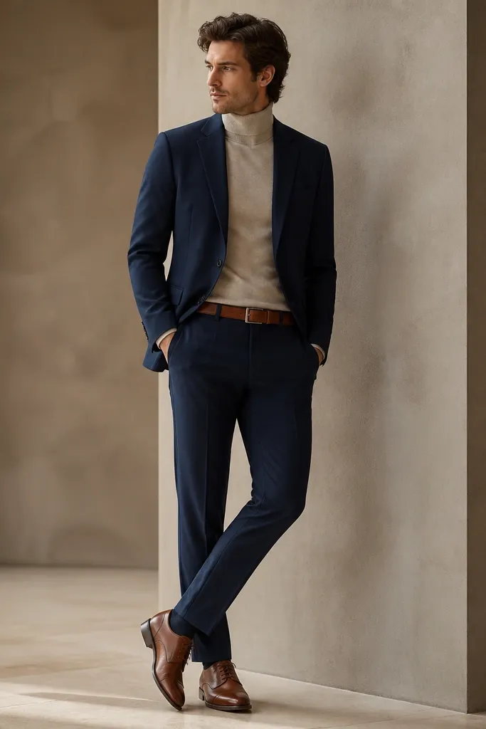 A navy suit with an oatmeal turtleneck visible at the neck. Brown cap-toe leather shoes and a matching brown belt show a warm contrast.
