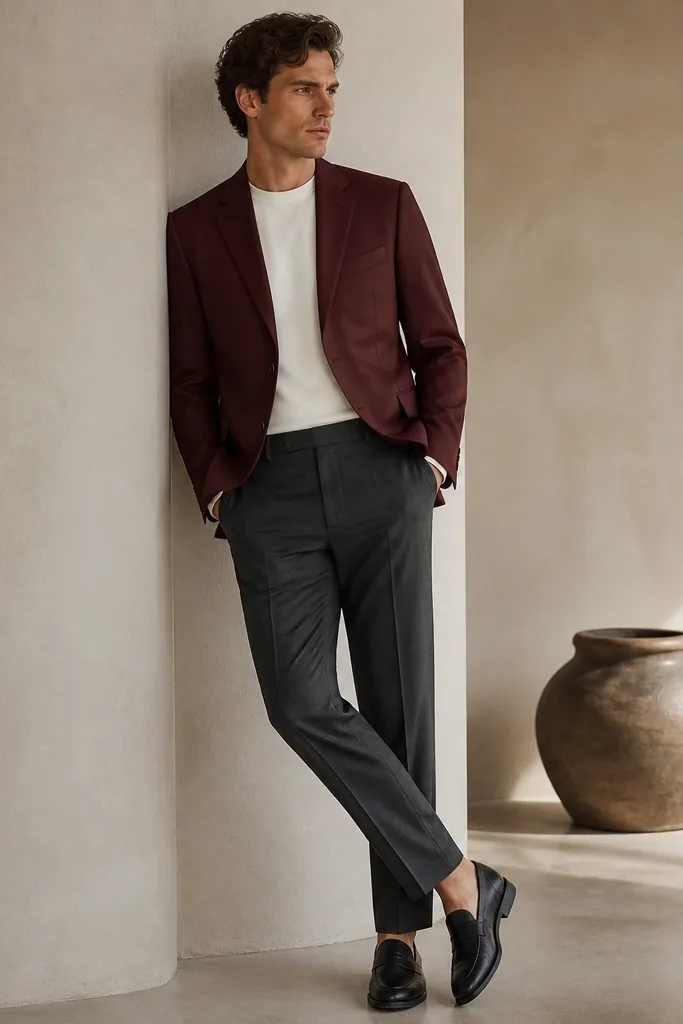 A burgundy blazer with a smooth finish. Charcoal trousers are worn with a white crewneck layer visible at the collar area. The shoes are black leather loafers.