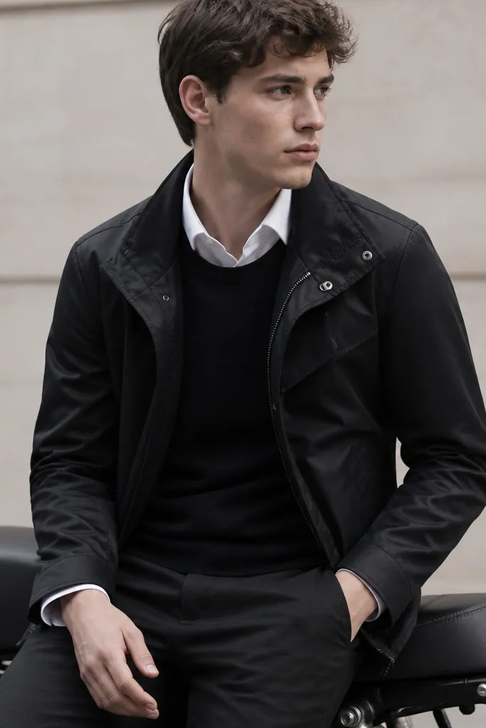 A matte black leather moto jacket worn over a white poplin button-down; the collar shows about two fingers above the jacket neckline, with a clean V from the zipper line.