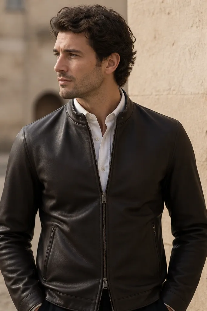 A dark brown leather cafe racer jacket over a white oxford shirt; the jacket is zipped halfway and the collar gap is consistent, about one to two fingers.