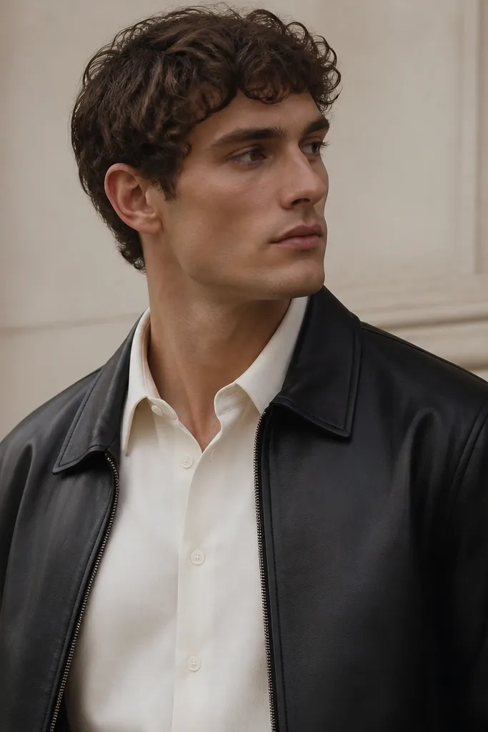A slightly off-white (cream) button-down under a black leather jacket; the tone difference is subtle, and the collar looks clean and bright.