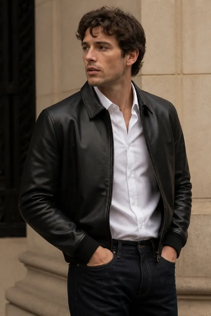 A black leather bomber worn with a white shirt tucked cleanly into dark jeans; the jacket hem sits above the belt line and the shirt stays smooth.