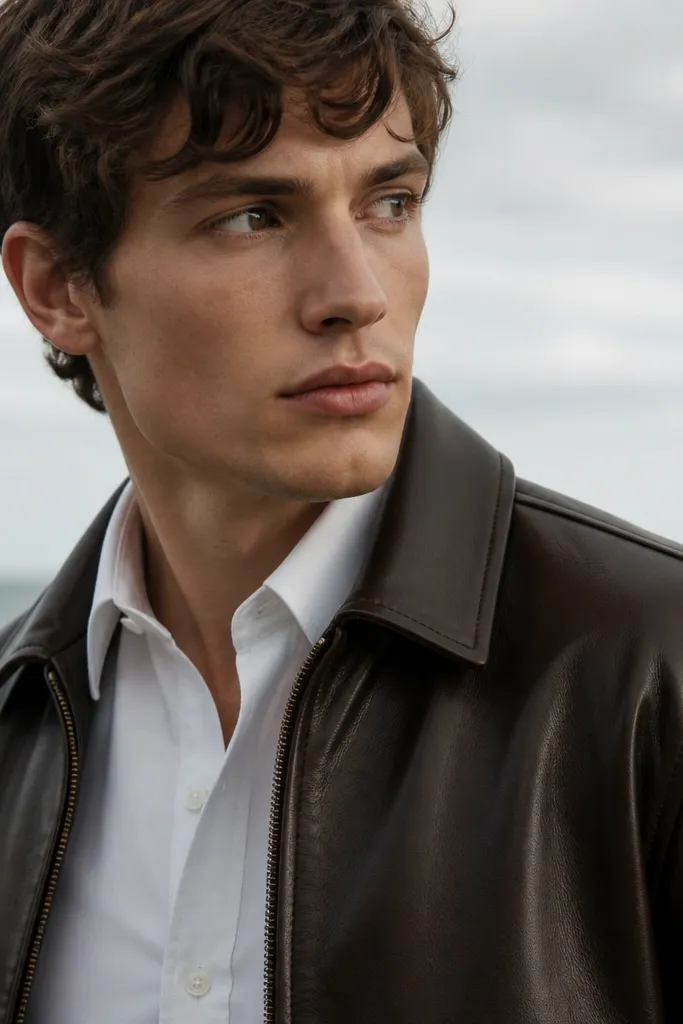 A white shirt with a structured collar worn under a leather jacket; the collar stand is visible and holds its shape without curling.