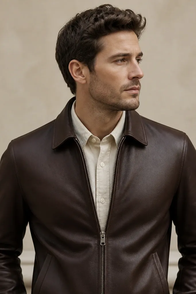 A leather jacket zipped halfway; the shirt placket lines up straight and the collar sits evenly with no twisting.