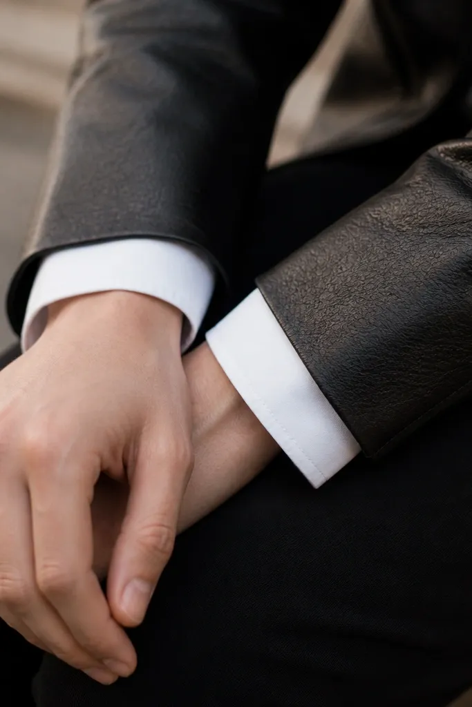Close-up view of white shirt cuffs peeking out from leather jacket sleeves; the cuffs are flat and the jacket sleeve ends cleanly.
