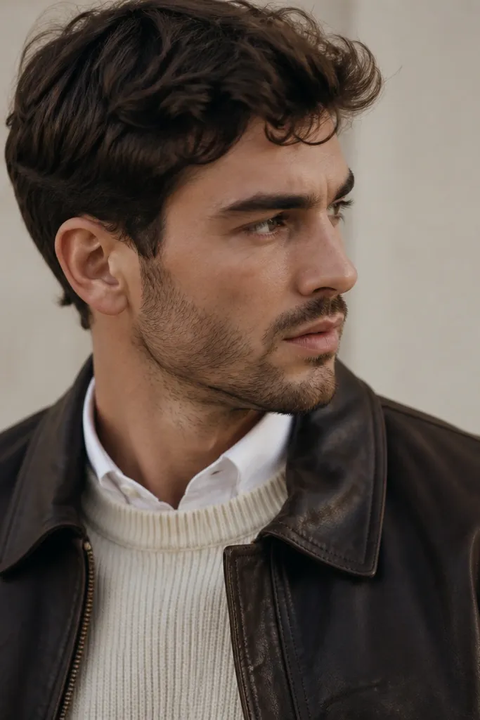 A white shirt collar peeks over a cream knit crew neck under a leather jacket; the leather neckline frames both layers.