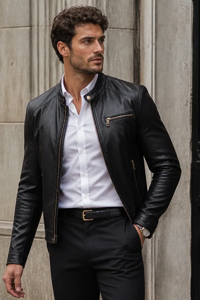 A white shirt tucked into dark trousers; a belt with hardware similar in color to the leather jacket zipper and buttons.