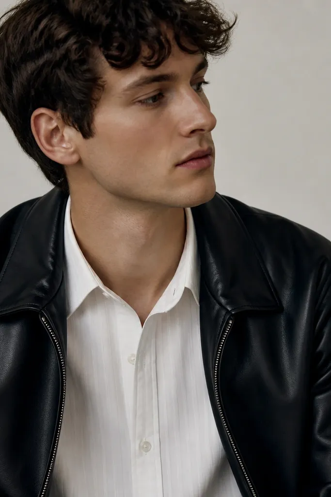 A white shirt with very subtle vertical pinstripes under a black leather jacket; the shirt looks bright but not stark.