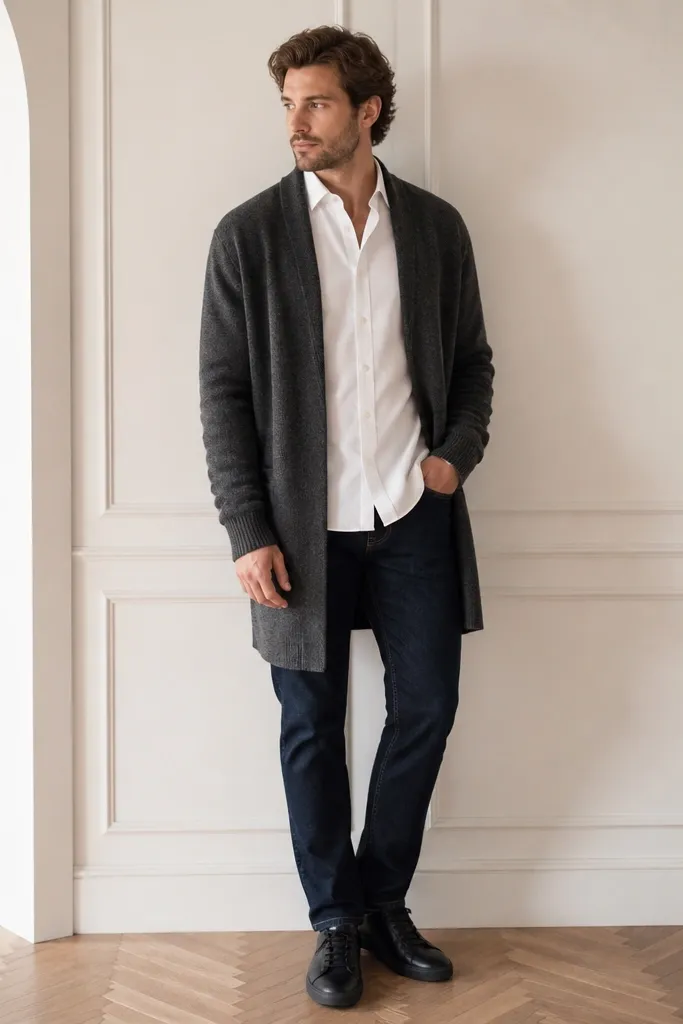 A charcoal long knit cardigan worn open over a crisp white Oxford shirt with the collar visible, paired with dark indigo straight-leg jeans and black leather sneakers. The hem of the cardigan falls just above the knee.
