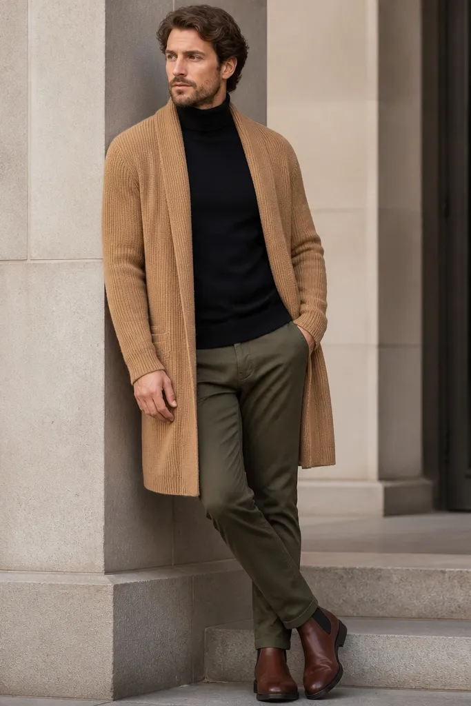 A camel long cardigan layered open over a fitted black turtleneck. The pants are olive chinos with a slight taper, and the shoes are brown Chelsea boots. Lighting shows the cardigan knit texture clearly.