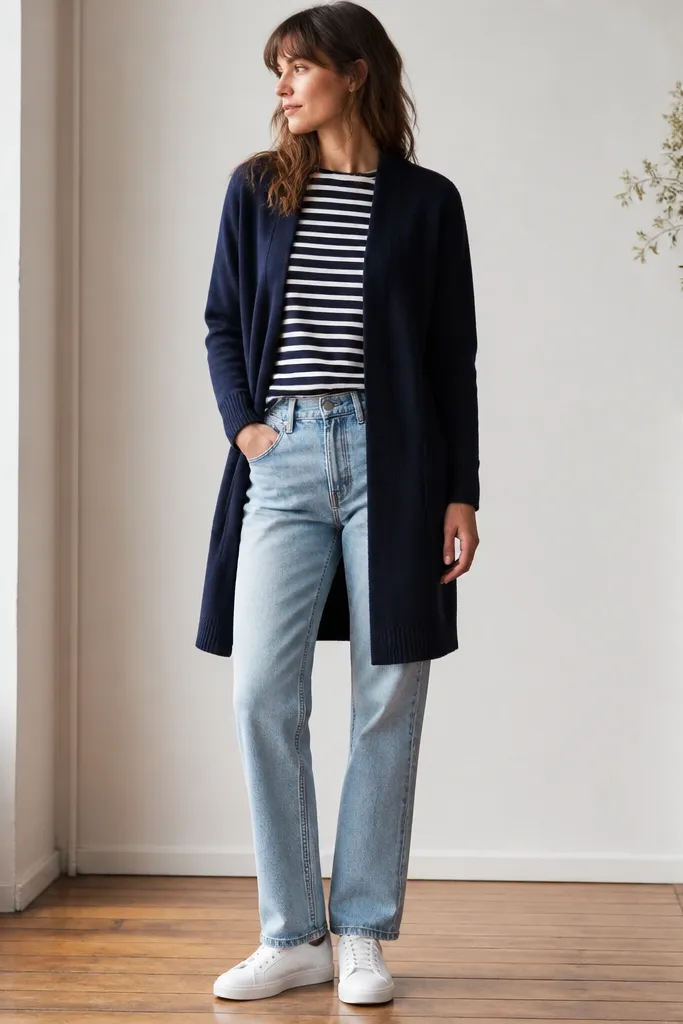 A navy long cardigan worn open over a navy-and-white striped crew tee. Light wash jeans show a relaxed straight-leg fit, paired with white sneakers. The cardigan hem lands around the upper knee.
