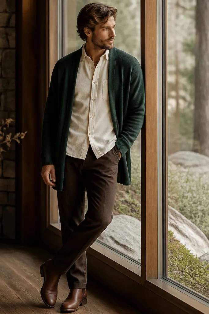 A forest green long cardigan over a cream button-down shirt. The pants are dark brown trousers, and the shoes are medium-brown leather boots. The cardigan is buttonless and drapes naturally.