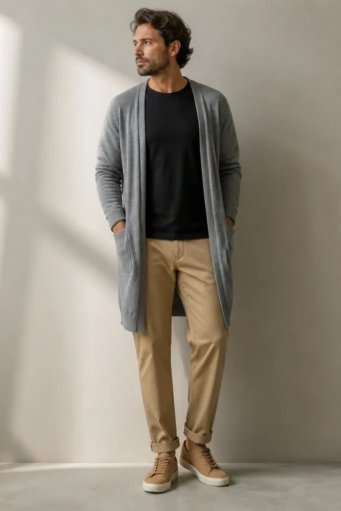 A heather grey long cardigan open over a plain black crew tee. Tan chinos with a straight fit and cuffed hem sit above tan canvas sneakers. The cardigan hem hits just above the knee.