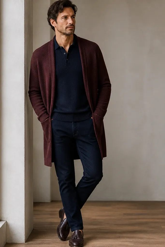 A burgundy long cardigan layered open over a navy knit polo. The jeans are also navy, and the shoes are dark brown loafers. The cardigan hem reaches mid-thigh to upper knee.