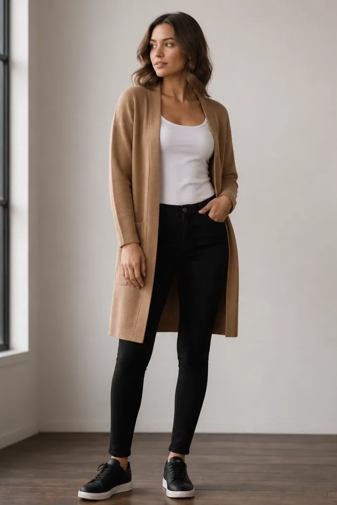 A tan long cardigan worn open over a fitted white tank top. Black skinny jeans and black low-top sneakers. The cardigan hem falls around the upper knee and sleeves end near the wrist.