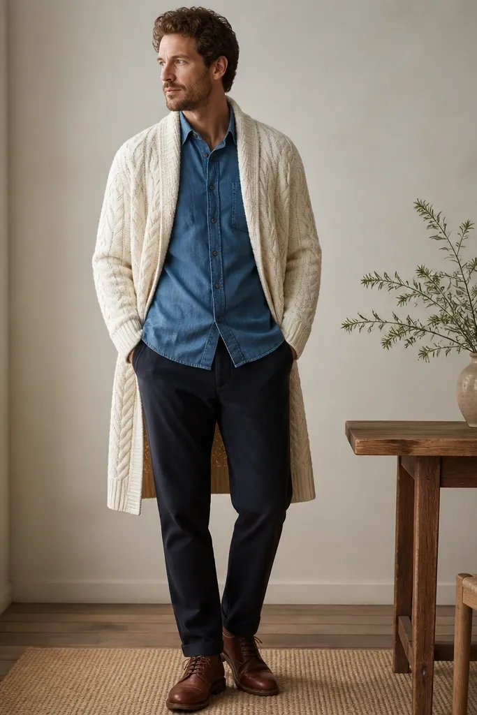 A cream cable-knit long cardigan open over a blue chambray button-down. Dark chinos in a straight fit and brown leather lace-up shoes. The cable pattern is prominent from chest to hem.