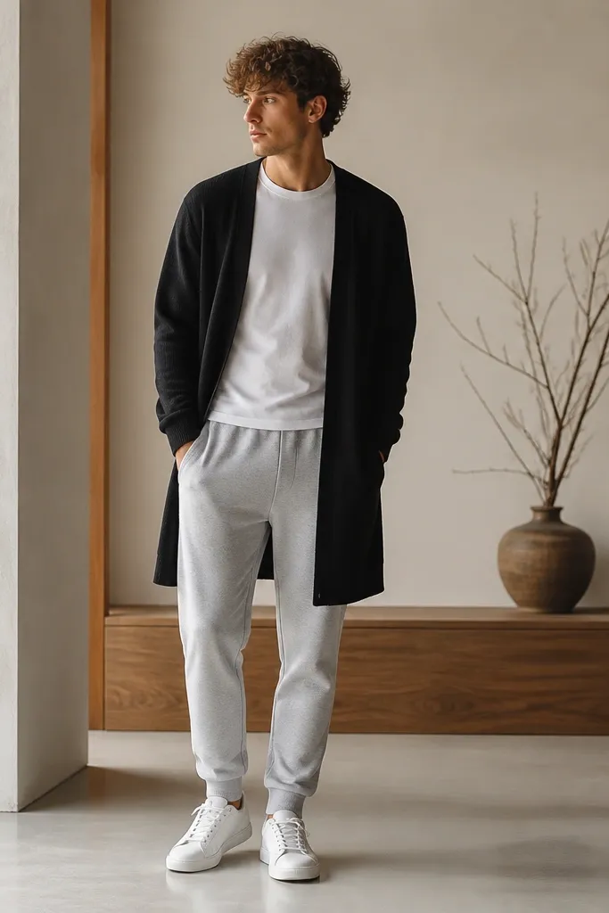 A black long cardigan worn open over a plain white crew tee. Grey sweatpants with a clean tapered leg and white sneakers. The cardigan hem is around mid-thigh to just above the knee.