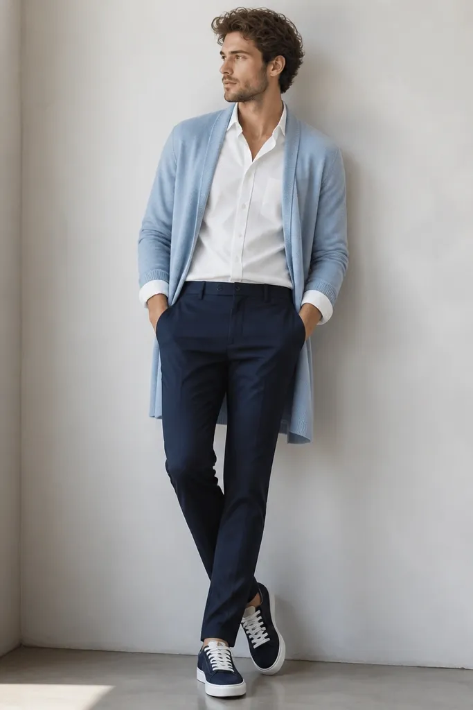 A light blue long cardigan open over a white dress shirt. The shirt collar is visible and the sleeves are rolled once. Pants are dark navy trousers, and shoes are navy-and-white sneakers.