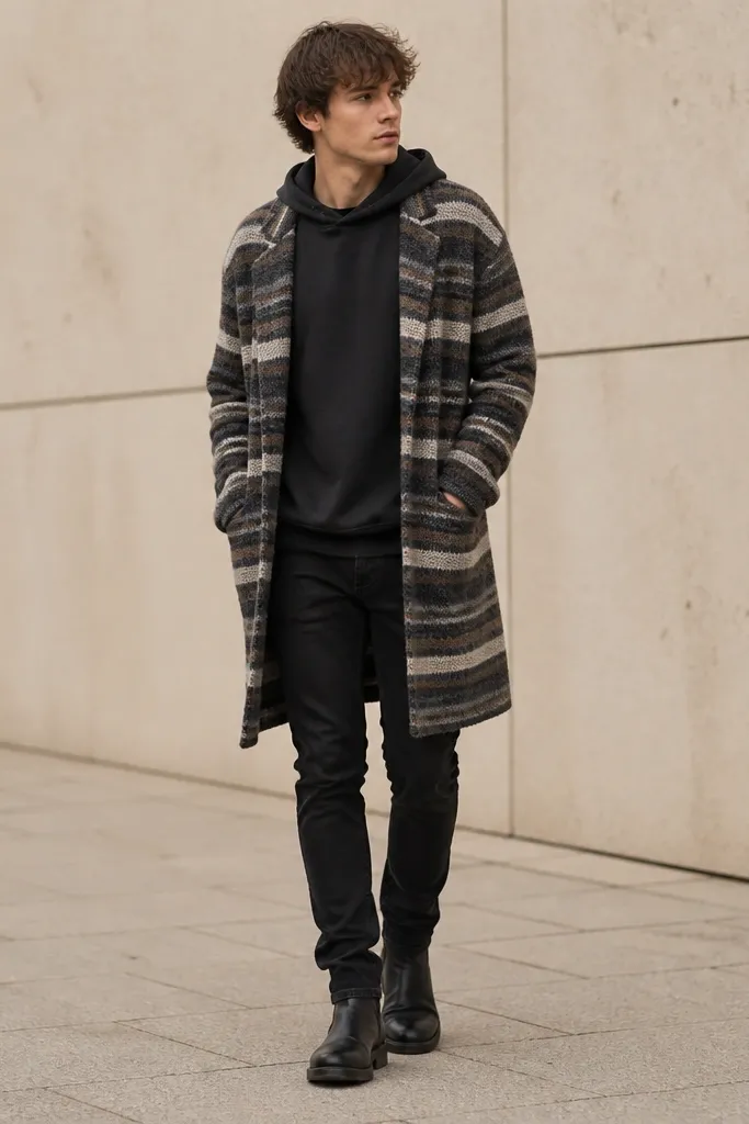 A long striped cardigan worn open over a dark hoodie. Black jeans and black boots, with the hoodie hood folded behind the collar line. The cardigan hem covers the waistband.