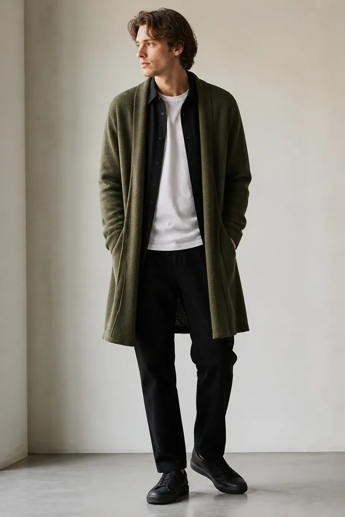 An olive long cardigan open over a white T-shirt, with a black overshirt layered underneath. Black straight-leg pants and dark sneakers. The cardigan hem falls to upper knee.