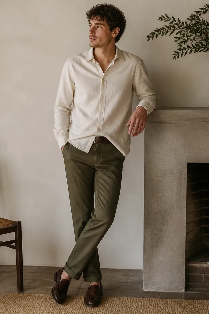 An oatmeal off-white oxford shirt worn untucked over olive chinos. The outfit includes dark brown leather loafers with a low heel and a simple belt. The shirt has a soft collar and the top button is left undone.