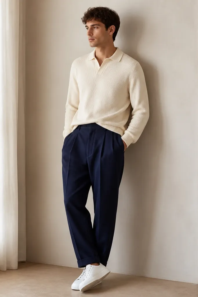 A cream off-white knit polo with a short collar and ribbed cuffs. It's paired with navy pleated trousers and white minimalist leather sneakers. The overall look is clean and soft, with no visible logos.