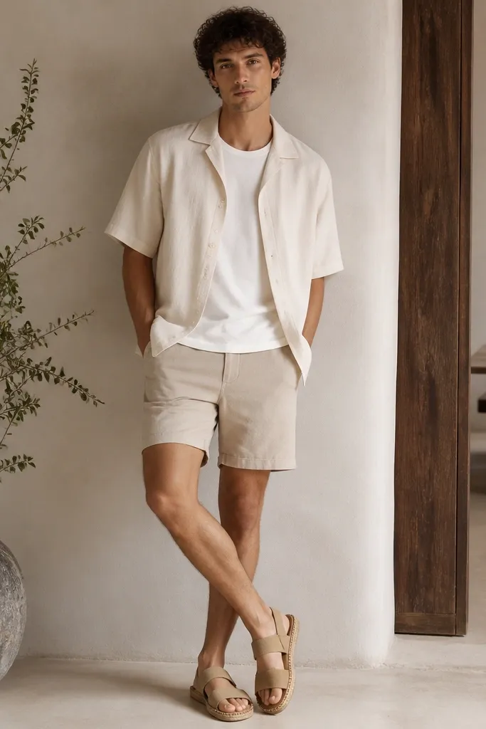 A man in an off-white linen-cotton camp collar shirt worn open over a plain tee. He wears beige shorts and tan espadrille sandals. The shirt hangs loosely with a relaxed drape.