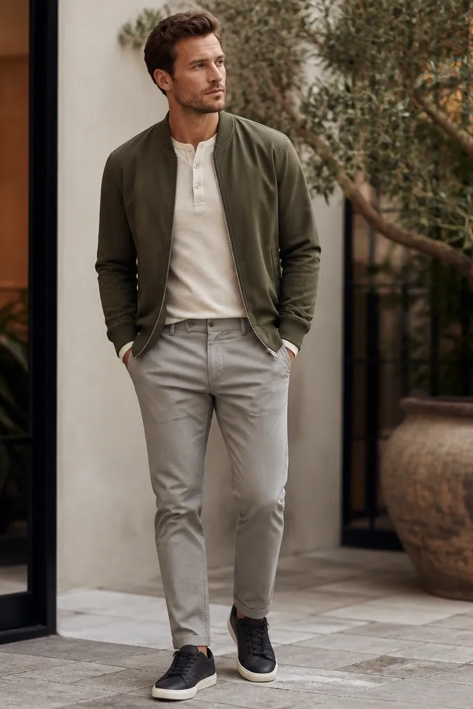 A warm ivory henley with three buttons worn under an olive bomber jacket. The henley is tucked into light grey chinos. The man wears dark sneakers and the jacket cuffs sit at the wrist.