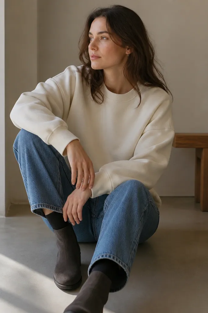 An off-white sweatshirt-style shirt worn as a top layer over dark socks. It's paired with midwash jeans and charcoal suede ankle boots. The outfit looks relaxed with a slightly oversized fit.