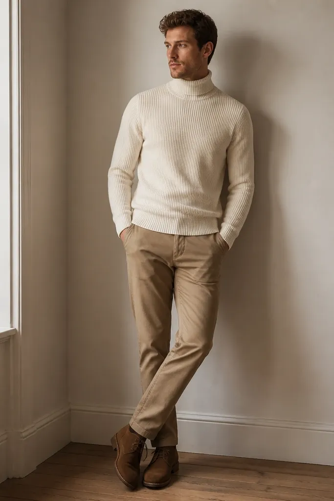 A man wearing an ecru off-white roll-neck knit top. It's styled with camel chinos and brown suede desert boots. The neck is snug but not tight, and the sleeves end at the wrist.