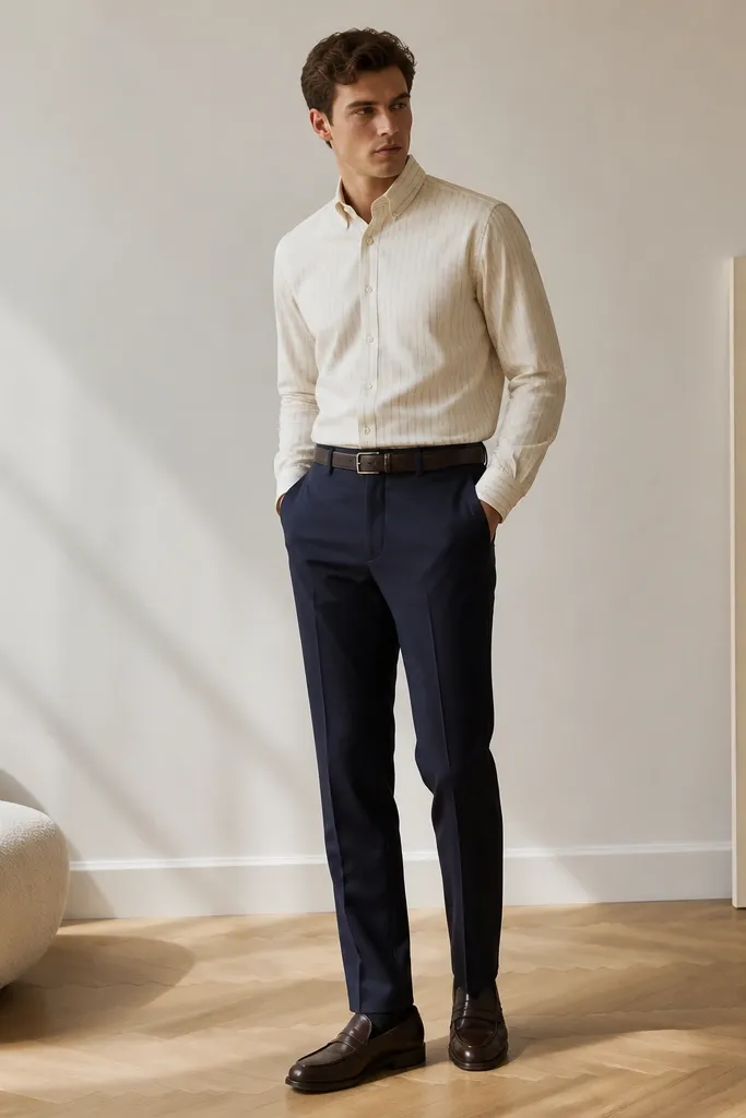 An off-white button-up with a faint vertical stripe pattern. It's worn tucked into navy trousers with a black-brown leather belt. Shoes are dark leather loafers, and the shirt cuffs are neatly buttoned.