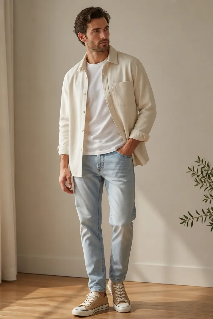 A cream off-white overshirt layered over a plain white tee. The man wears light wash denim jeans and tan canvas sneakers. The overshirt is unbuttoned with sleeves rolled once.