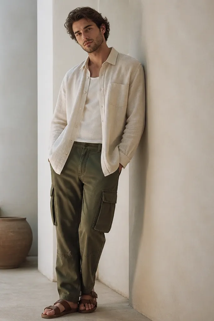 An oatmeal off-white linen shirt worn open over a tank or tee. Olive cargo pants with visible pockets. Brown leather sandals with a simple strap. The shirt drapes with visible linen texture.