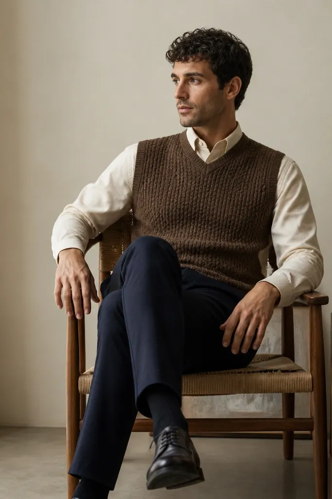 An off-white poplin button-up worn under a mocha knit vest. The man wears dark navy chinos and dark leather shoes. The shirt collar peeks out, and the vest has a textured knit pattern.