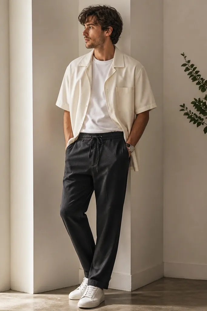 An ecru off-white camp collar shirt worn open over a plain tee. Charcoal drawstring trousers with gathered waist and straight legs. White sneakers and a simple watch.