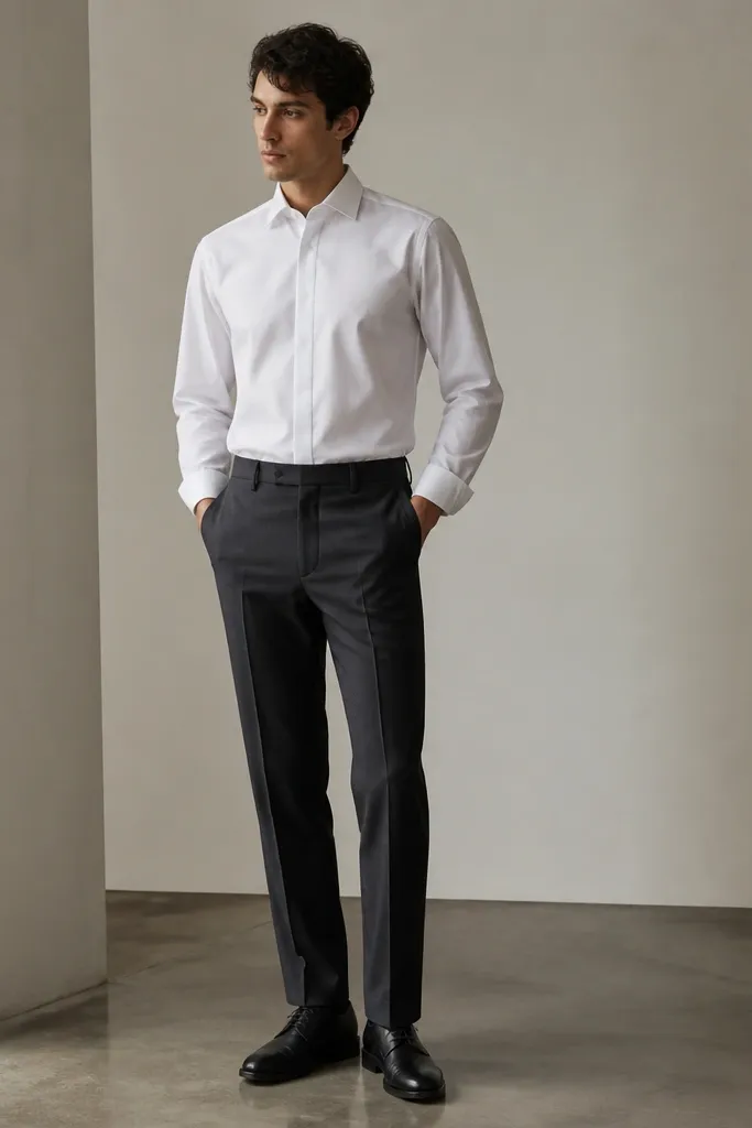 A white poplin shirt tucked into charcoal tailored trousers with a black leather derby shoe. The shirt has a clean center crease look, the collar is buttoned, and the cuffs show one light fold.