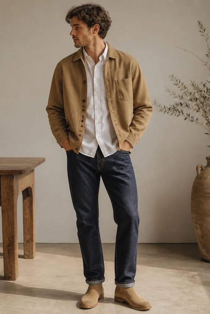 A white button-up under a camel overshirt, worn with dark indigo straight jeans and tan suede boots. The overshirt is open at the front, and the white shirt hem peeks slightly at the waistband.